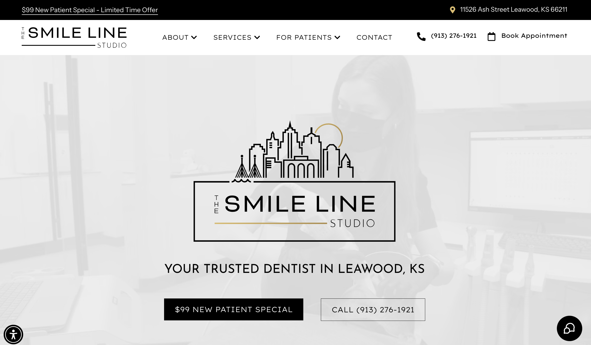 The Smile Line Studio website homepage showing its logo, patient special, and appointment options