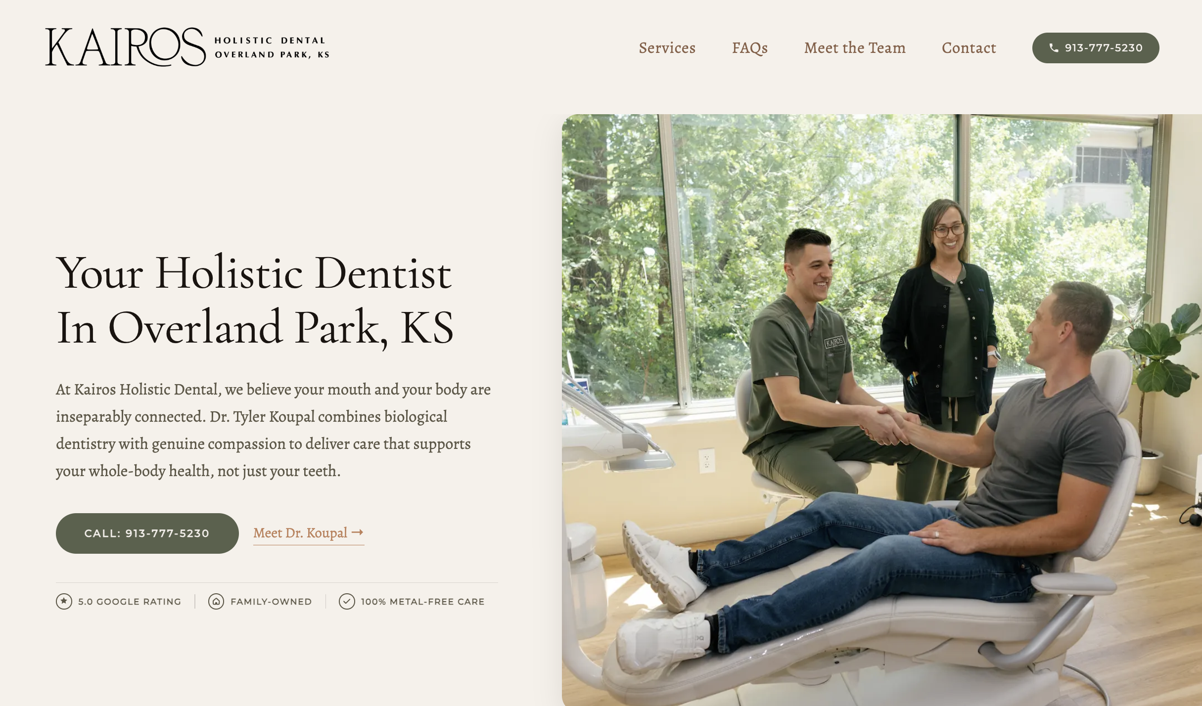 Kairos Holistic Dental website homepage showing the practice team and a patient