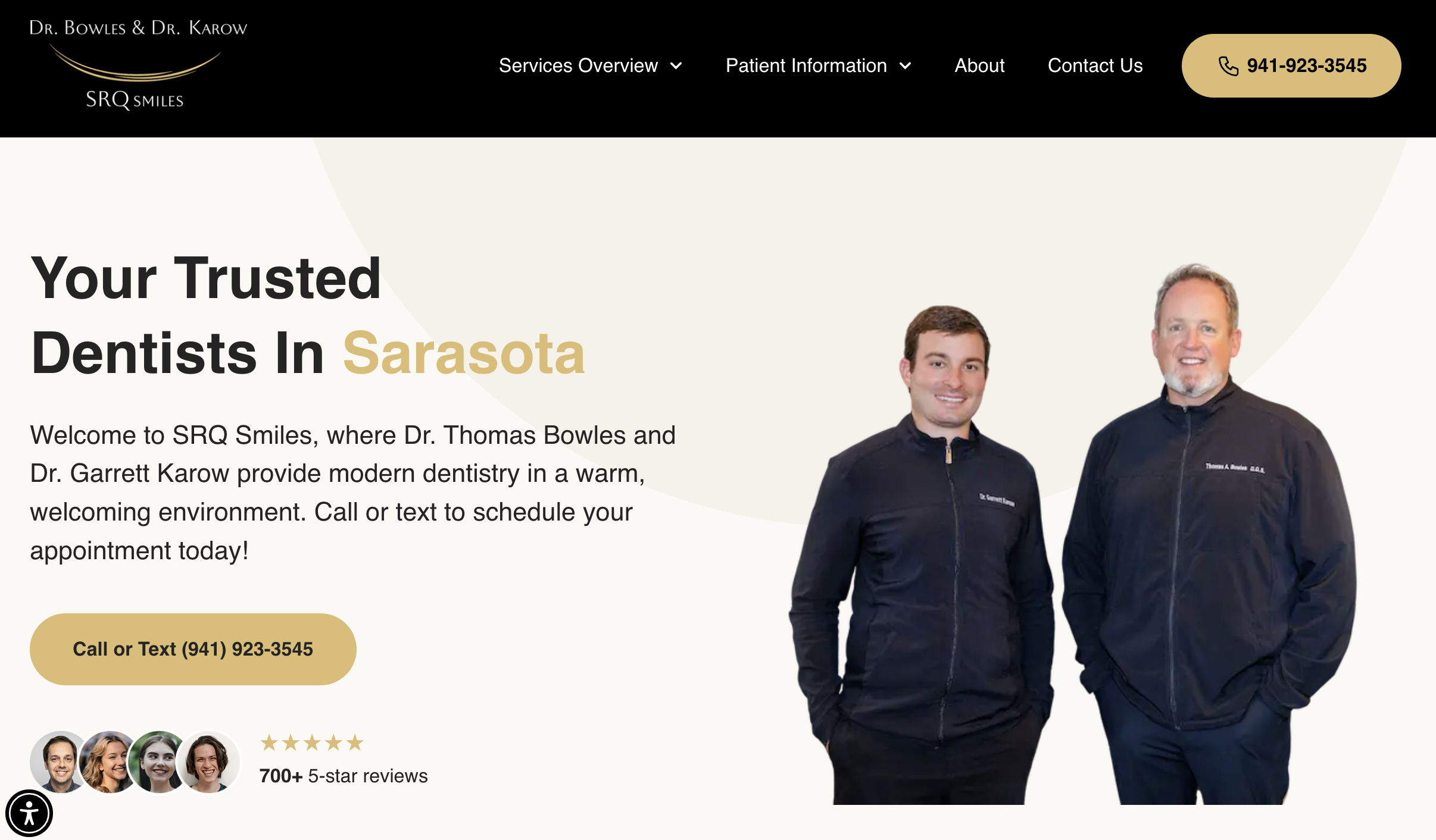 SRQ Smiles website homepage showing two dentists, its Sarasota introduction, and appointment contact button