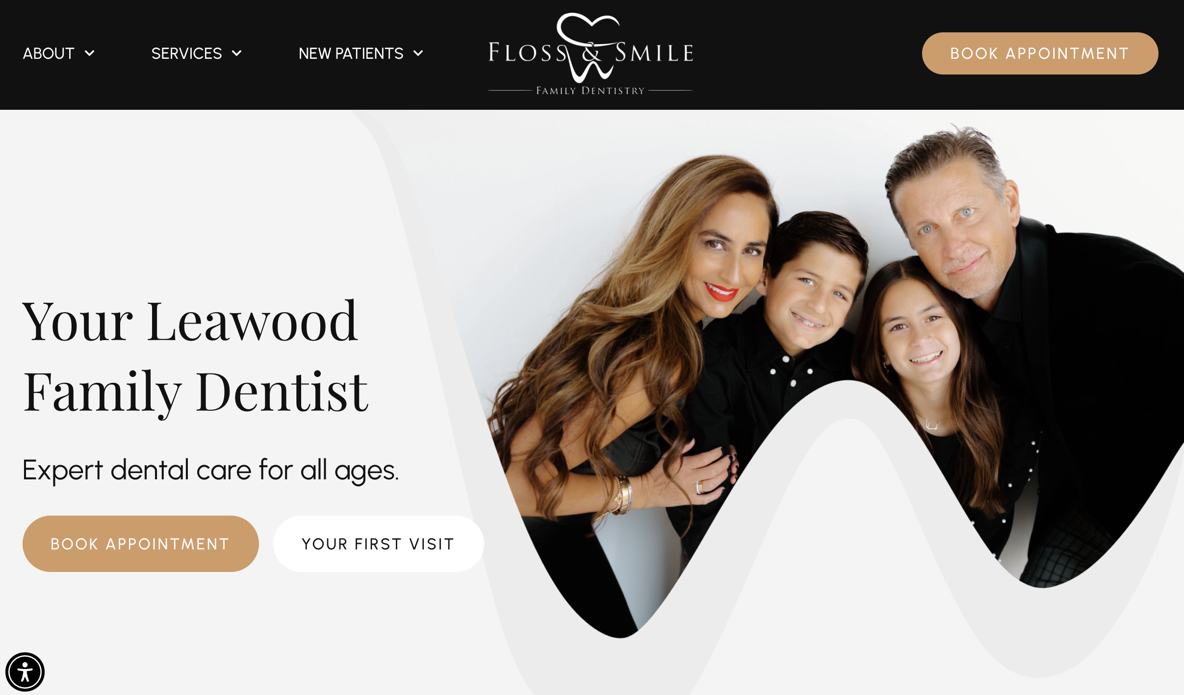Floss and Smile website homepage showing a family photo and appointment buttons