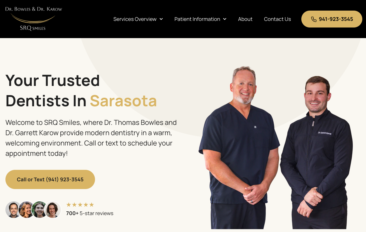 SRQ Smiles dental website homepage showing the dentists, practice introduction, and appointment button
